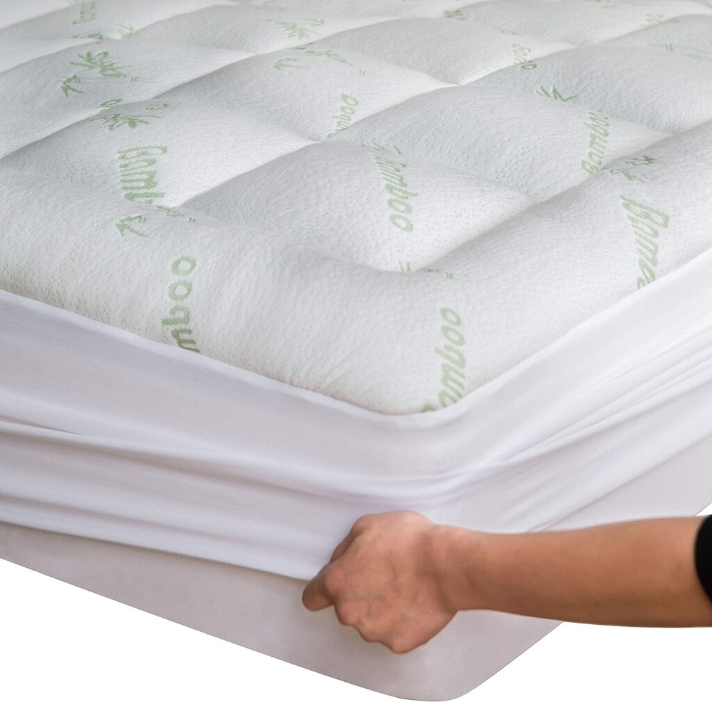 Bamboo Queen Mattress Topper with 1 Pillow Protector - Thick Cooling Breathable Pillow Top Mattress Pad for Back Pain Relief - Deep Pocket Topper Fits 8-20 Inches Mattress (Bamboo, Queen 60x80 Inches)