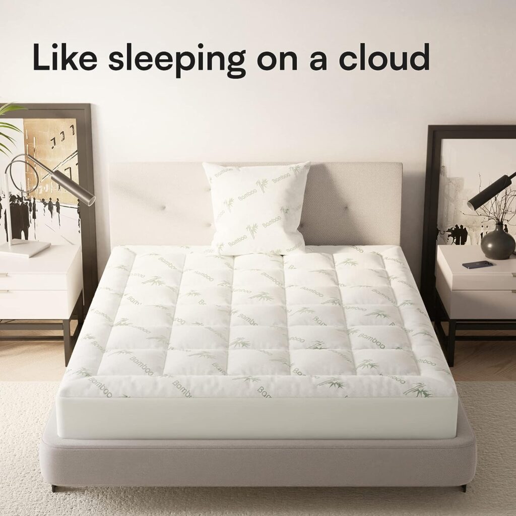 Bamboo Queen Mattress Topper with 1 Pillow Protector - Thick Cooling Breathable Pillow Top Mattress Pad for Back Pain Relief - Deep Pocket Topper Fits 8-20 Inches Mattress (Bamboo, Queen 60x80 Inches)