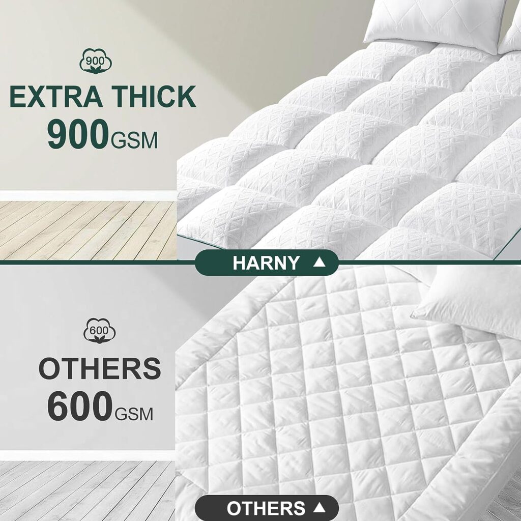 HARNY Bamboo Mattress Topper Queen Size, Cooling Breathable Extra Thick Mattress Pad Cover for Back Pain Relief Down Alternative Overfilled Plush Pillow Top with 8-21 Inch Deep Pocket