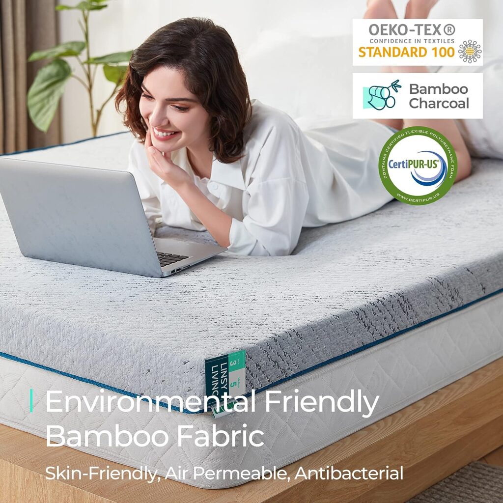 LINSY LIVING Mattress Topper Queen Bamboo Charcoal Infused Memory Foam Mattress Topper, 3 Inches Cooling Mattress Topper Queen Size with Bamboo Cover, CertiPUR-US  Oeko-TEX Certified, Queen