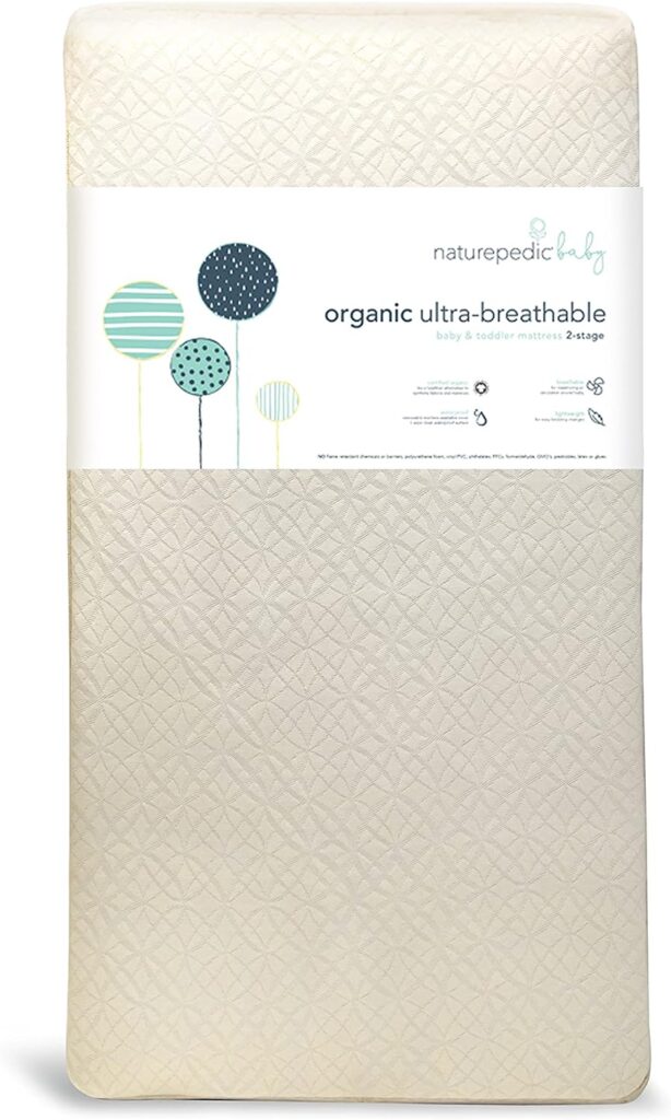 Naturepedic Organic Crib Mattress, 2-Stage Natural Mattress with Breathable Crib Mattress Pad, Waterproof, Non-Toxic, Standard Crib Size