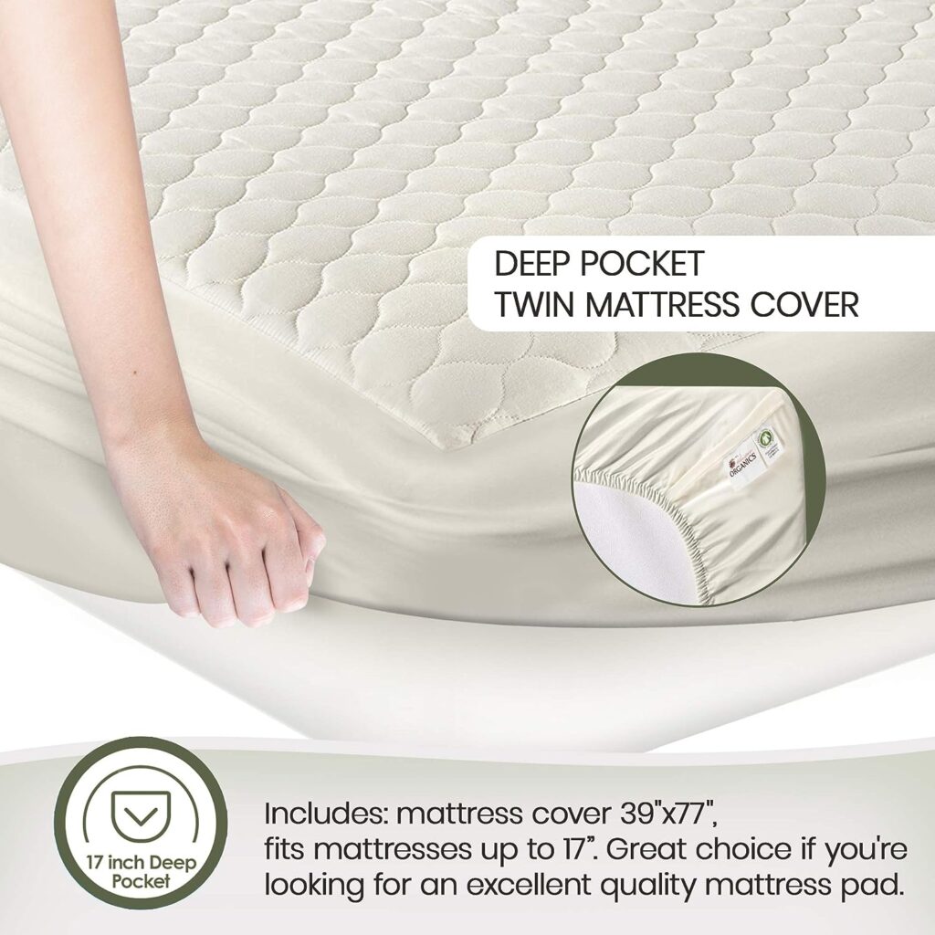 Whisper Organics, 100% Organic Cotton Mattress Protector - Breathable Cooling Quilted Fitted Mattress Pad Cover, GOTS Certified - Ivory Color, 17 Deep Pocket (Queen Bed Size)