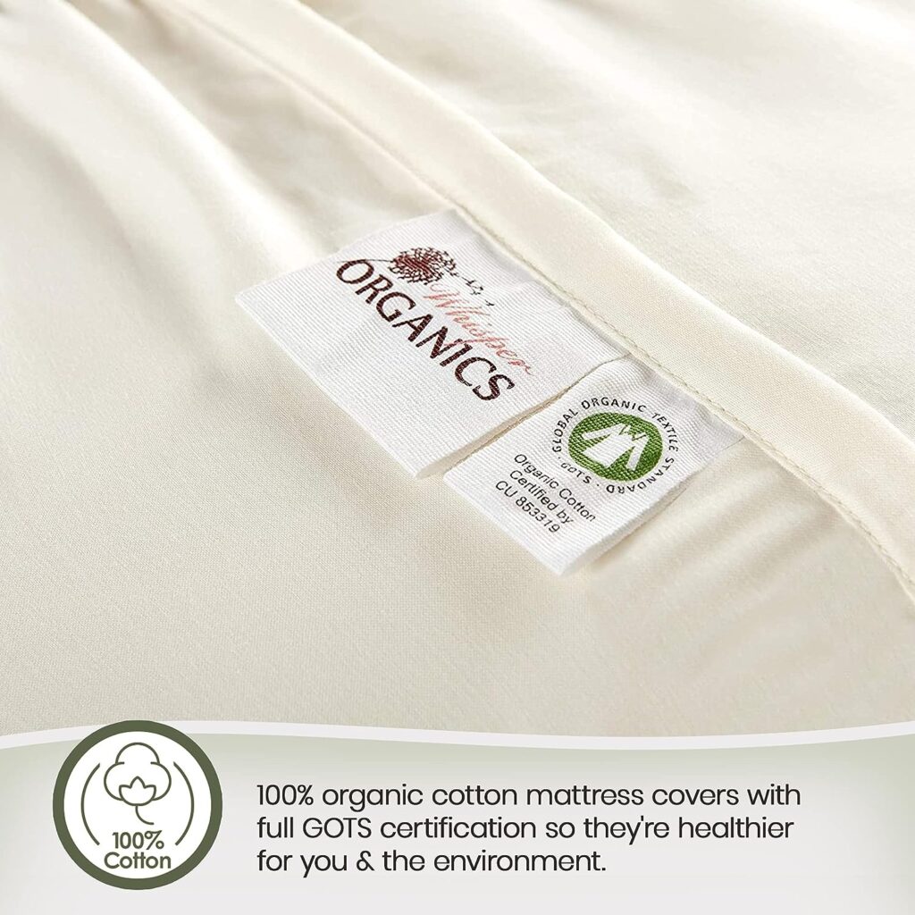 Whisper Organics, 100% Organic Cotton Mattress Protector - Breathable Cooling Quilted Fitted Mattress Pad Cover, GOTS Certified - Ivory Color, 17 Deep Pocket (Queen Bed Size)