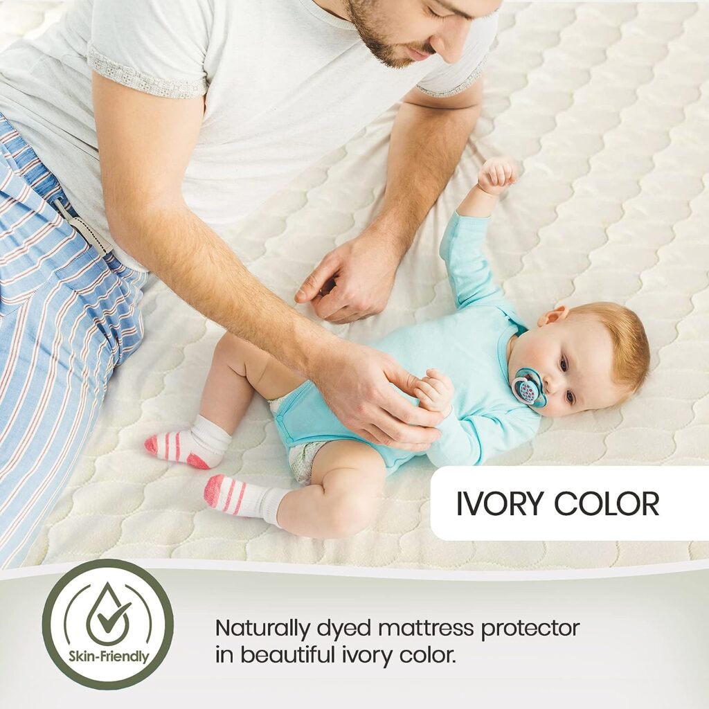 Whisper Organics, 100% Organic Cotton Mattress Protector - Breathable Cooling Quilted Fitted Mattress Pad Cover, GOTS Certified - Ivory Color, 17 Deep Pocket (Queen Bed Size)