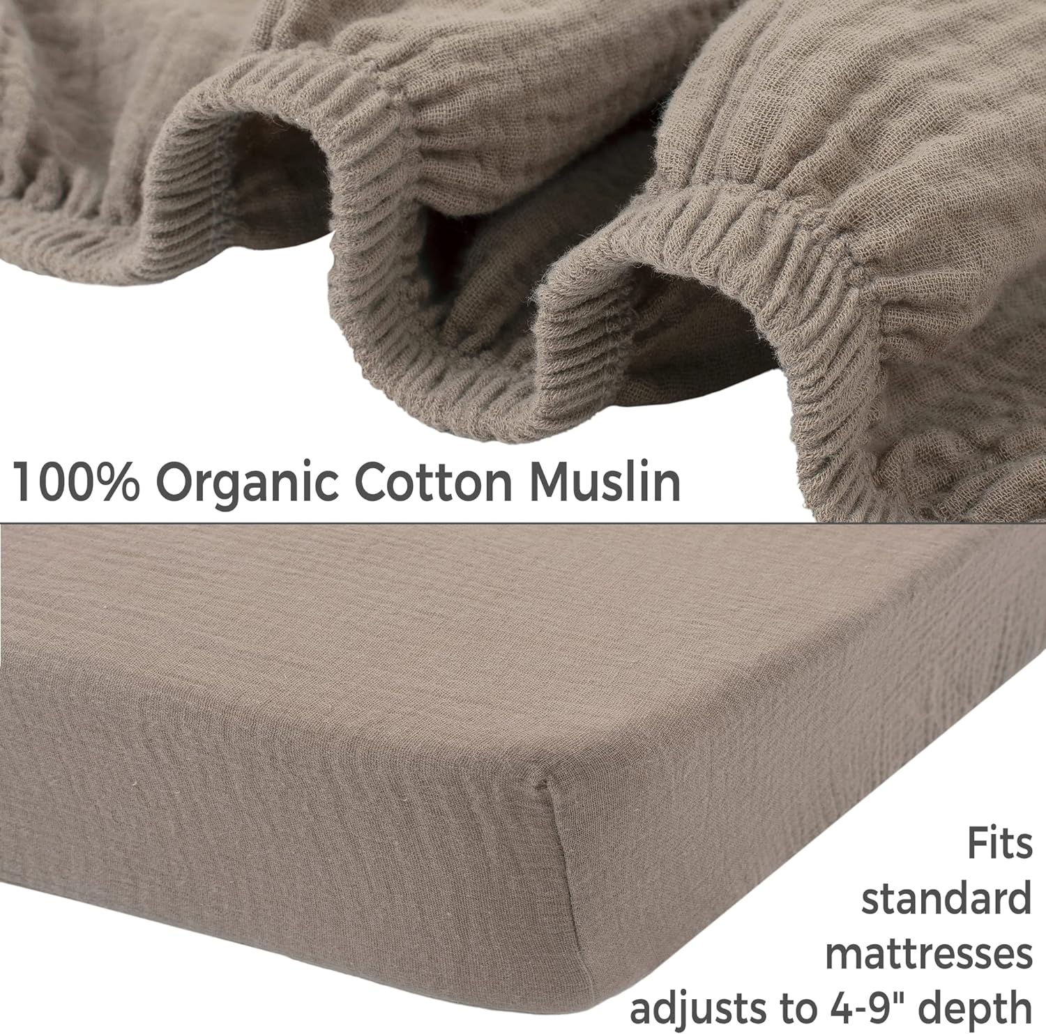 100% Organic Cotton Muslin Fitted Crib Sheet - Fits Standard Crib and Toddler Bed Mattress Size - Fawn Brown - Noras Nursery