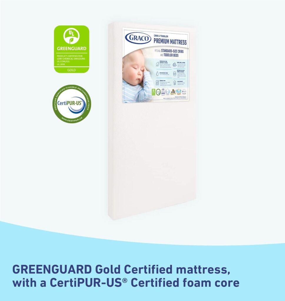 Graco Premium Crib  Toddler Mattress – GREENGUARD Gold Certified, CertiPUR-US Certified Foam, Machine Washable, Water-Resistant and Removable Cover, Fits Standard Full-Size Crib and Toddler Bed