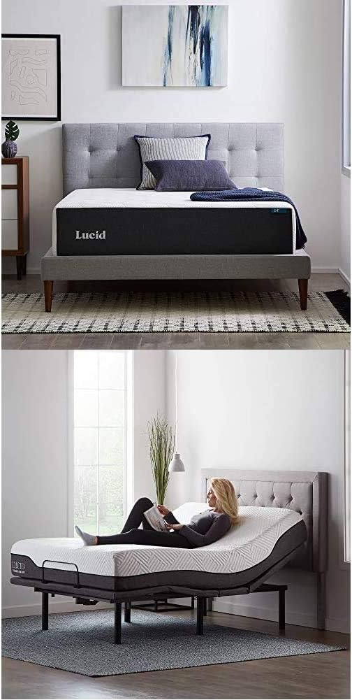 LUCID 14 Inch Queen Mattress and L600 Adjustable Bed Base – Plush Gel Memory Foam Mattress – Bamboo Charcoal – CertiPUR-US Certified – Easy Assembly