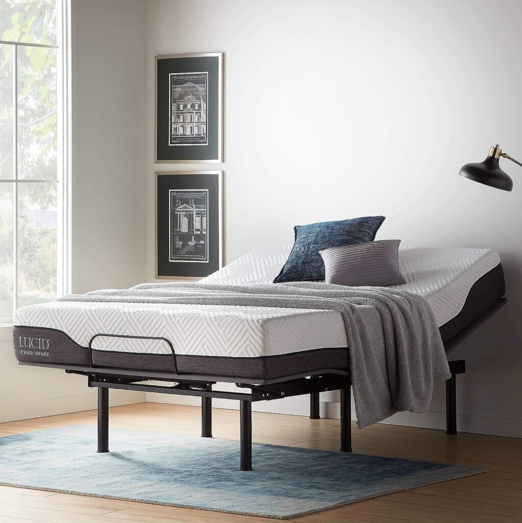 LUCID L150 Bed Base – Upholstered Frame, Queen, Charcoal Adjustable  10 Inch Queen Latex Hybrid Mattress - Cooling Gel Memory Foam - Responsive Latex Layer - Adaptable - Durable Steel Coils