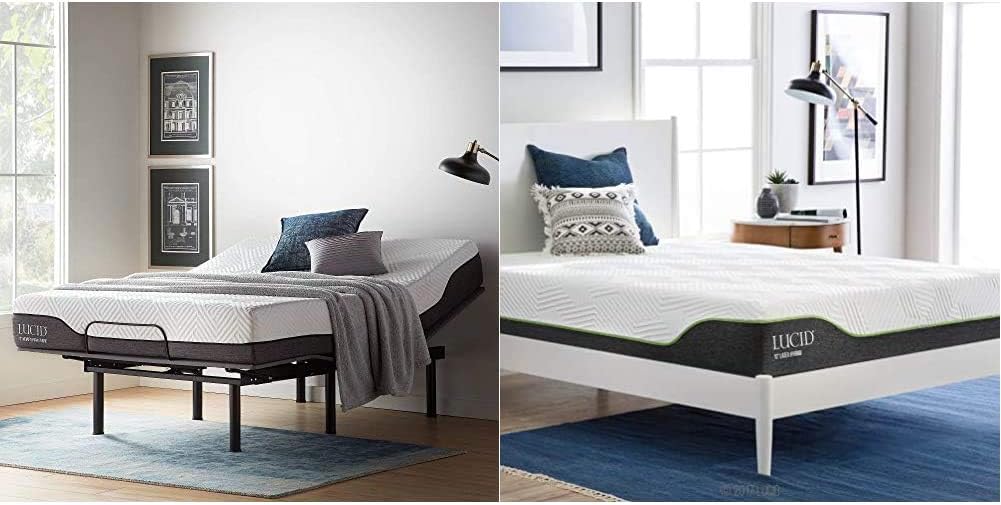 LUCID L150 Bed Base – Upholstered Frame, Queen, Charcoal Adjustable  10 Inch Queen Latex Hybrid Mattress - Cooling Gel Memory Foam - Responsive Latex Layer - Adaptable - Durable Steel Coils