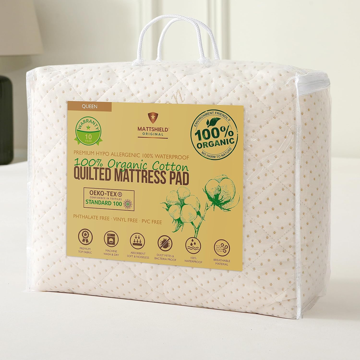 Luxury Quilted Waterproof Organic Mattress Pad Protector Queen 100% Organic Cotton Hypoallergenic Breathable Mattress Pad Cover - Premium 380 GSM Comfort - Fitted Allergy Shield, Ultimate Rest