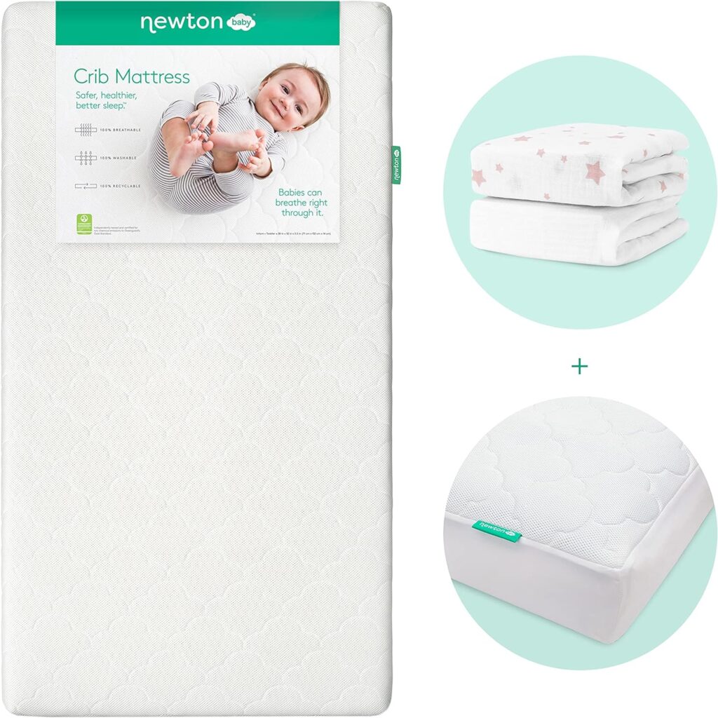 Newton Baby Crib Mattress Bundle | 100% Breathable Crib Mattress, 100% Organic Muslin Cotton Coral Sheets, Waterproof Crib Mattress Pad | 100% Washable, 2-Stage, Non-Toxic Better Than Organic