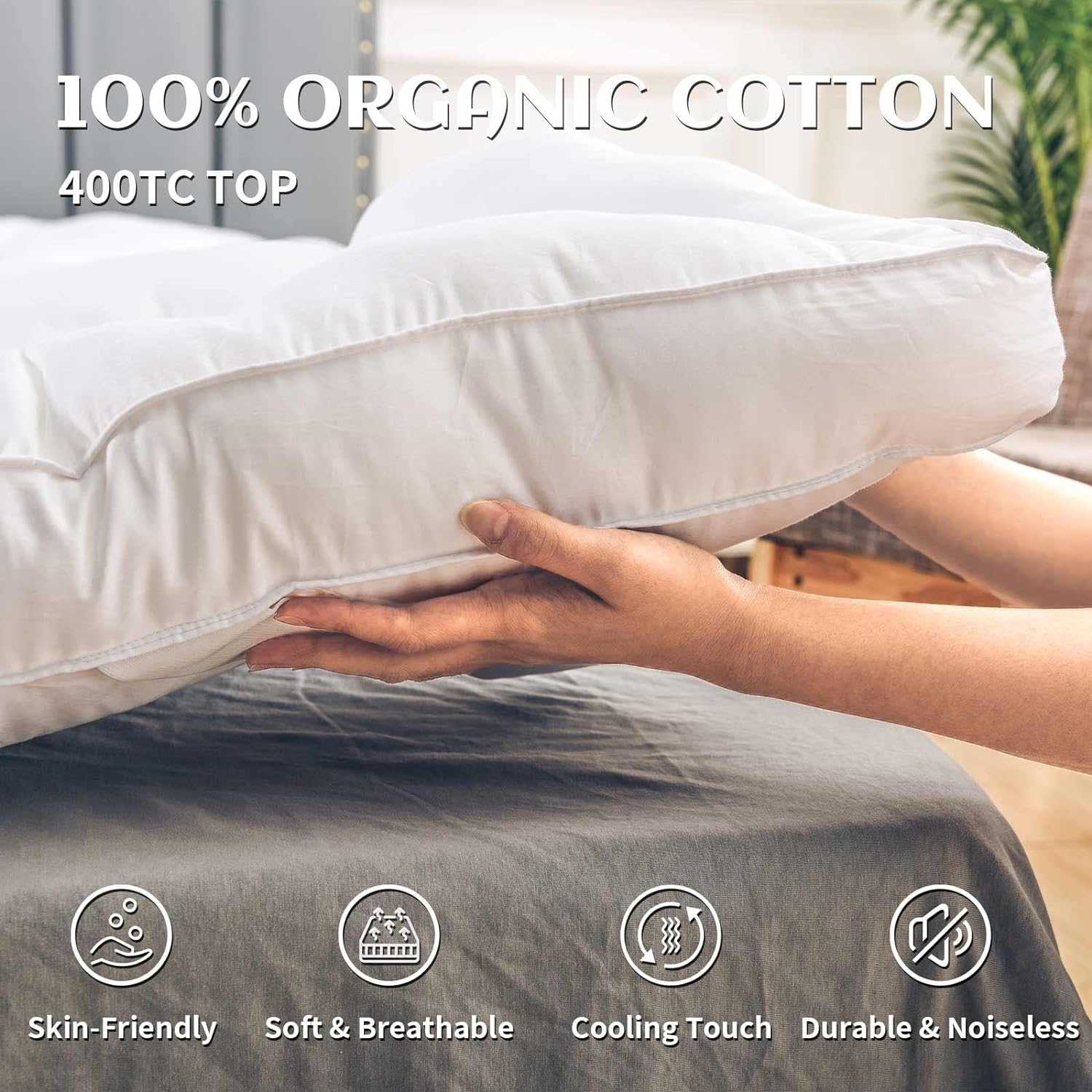 NEXHOME PRO Organic Cotton California King Cooling Mattress Topper,Pillow Top Mattress Topper for Bed with Baffle Box Design,1500gsm Overfilled Extra Thick Breathable 400tc Plush  Support Pad Cover