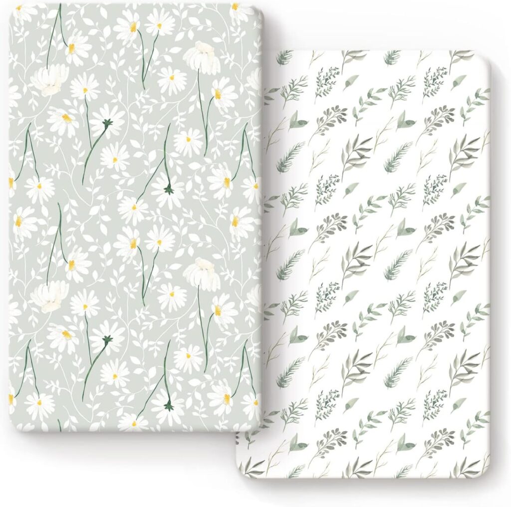 Stretchy Ultra Soft Jersey Knit Fitted Crib Sheets Set 2 Pack, Fit All Standard Crib Mattress Pads, Breathable Crib Sheet for Girls, Watercolor Daisy Flowers
