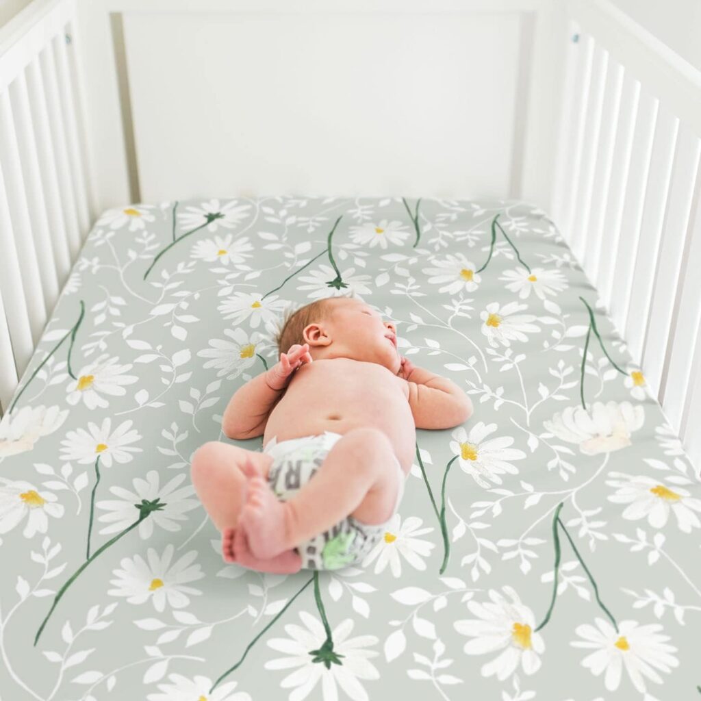 Stretchy Ultra Soft Jersey Knit Fitted Crib Sheets Set 2 Pack, Fit All Standard Crib Mattress Pads, Breathable Crib Sheet for Girls, Watercolor Daisy Flowers