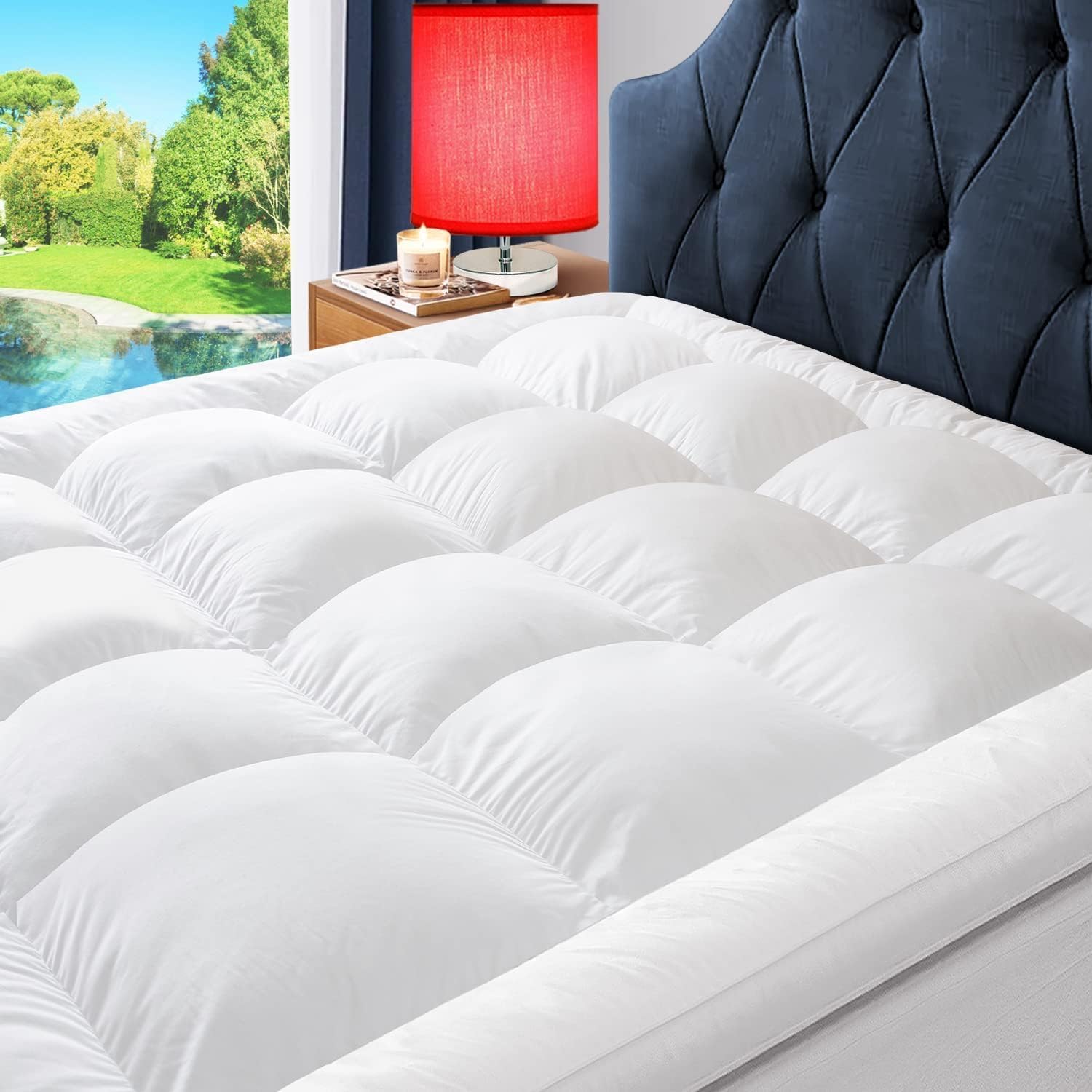 ELEMUSE Extra Thick Cooling Cal King Mattress Topper, 1300 GSM Overfilled Pillow Top with Baffle Box Design,Hand Made 400TC Organic Cotton Pad Cover,Plush  Support Snow Down Alternative,Hotel Quality