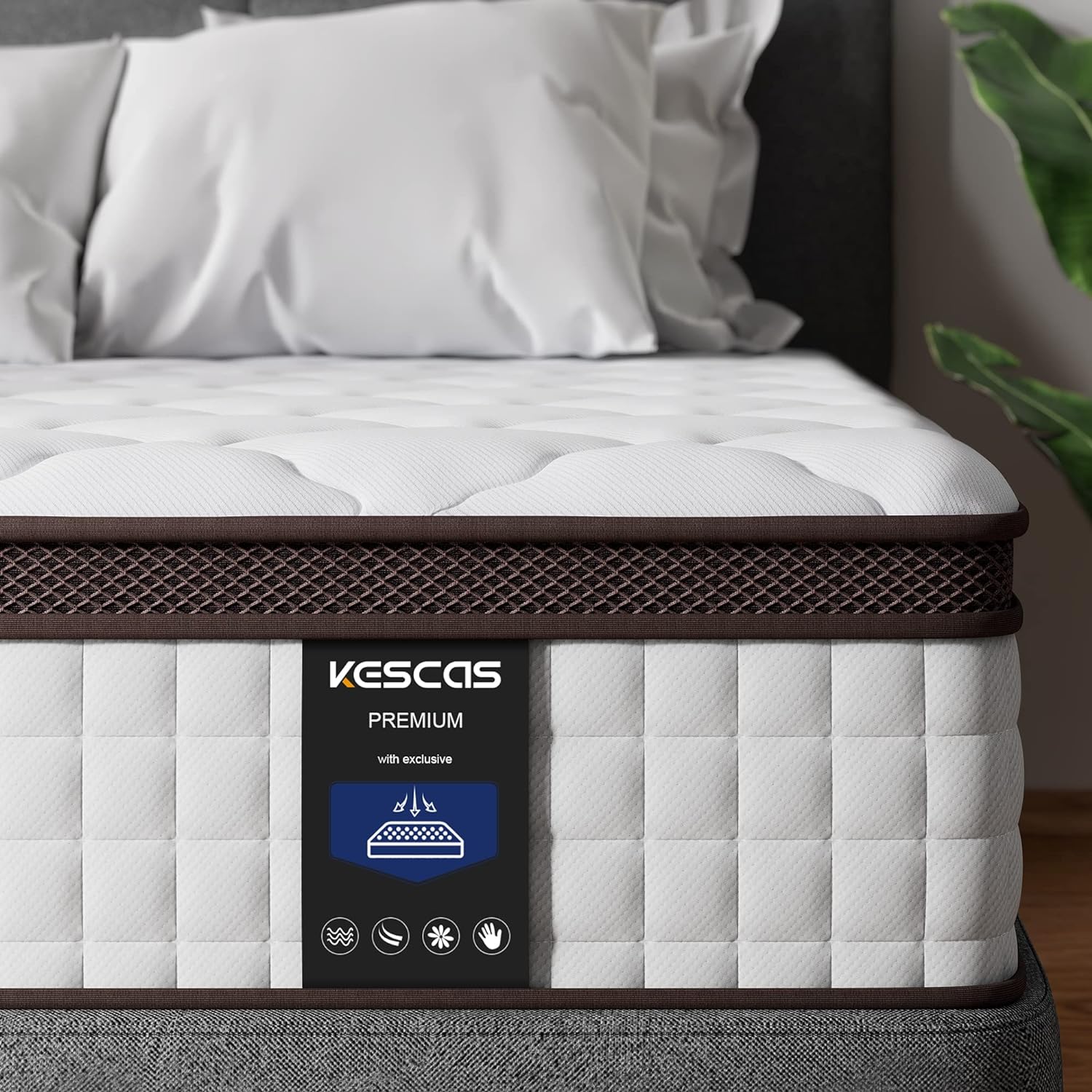 Kescas King Size Mattress, 12 Inch Hybrid Mattress with Memory Foam  Heavier Coils, Ergonomic Design for Pressure Relief, Medium Firm Feel