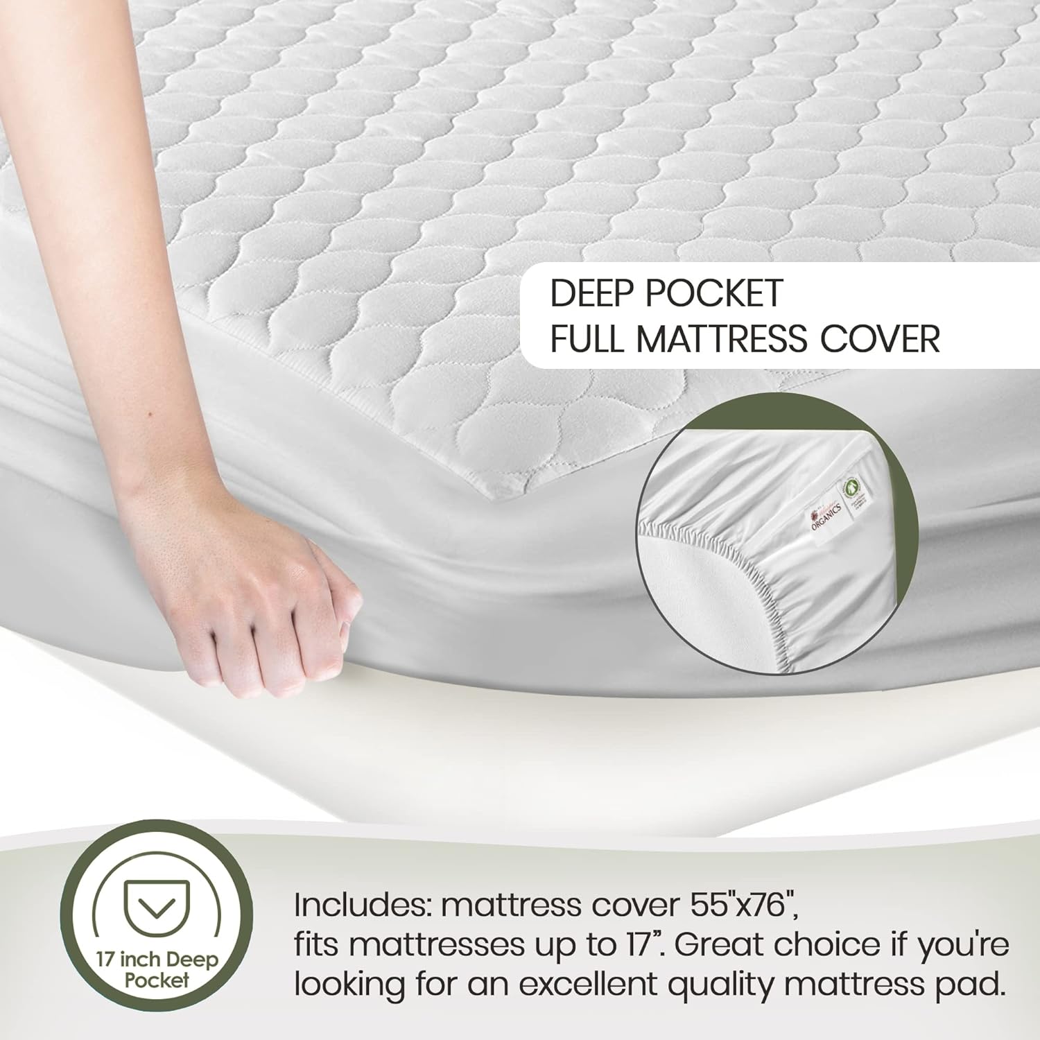 Whisper Organics, 100% Organic Cotton Mattress Protector - Breathable Cooling Quilted Fitted Mattress Pad Cover, Fair Trade, GOTS Certified - Ivory Color, 17 Deep Pocket (King Bed Size)