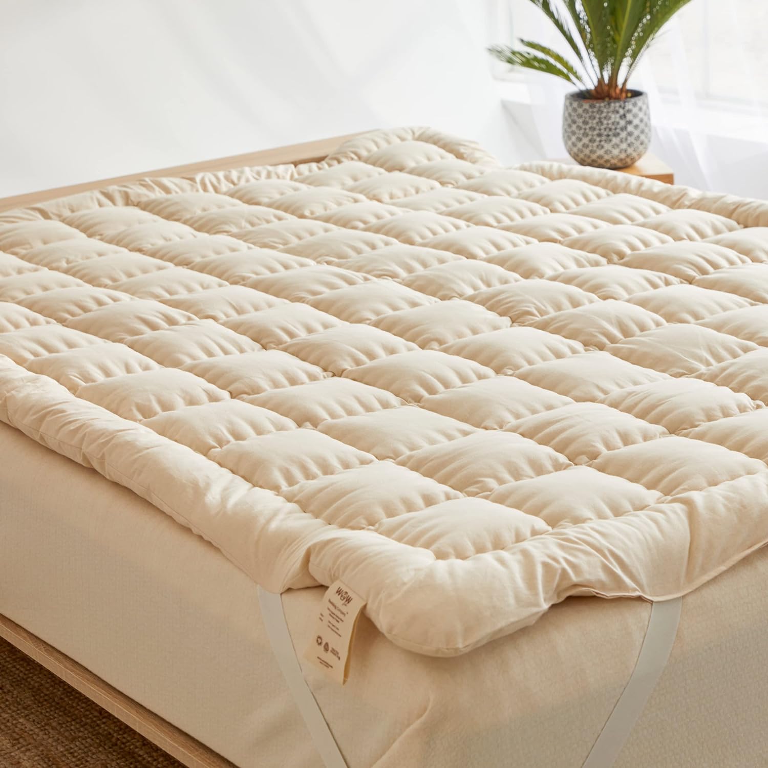 Wow 100% Organic Merino Wool Pillow Top Mattress Topper 2 for Back Pain Relief | Non-Toxic Raw Cotton Cover | Natural Cooling Quilted Fitted Mattress Pad | Hand Made Authentic Comfort | Medium Firm